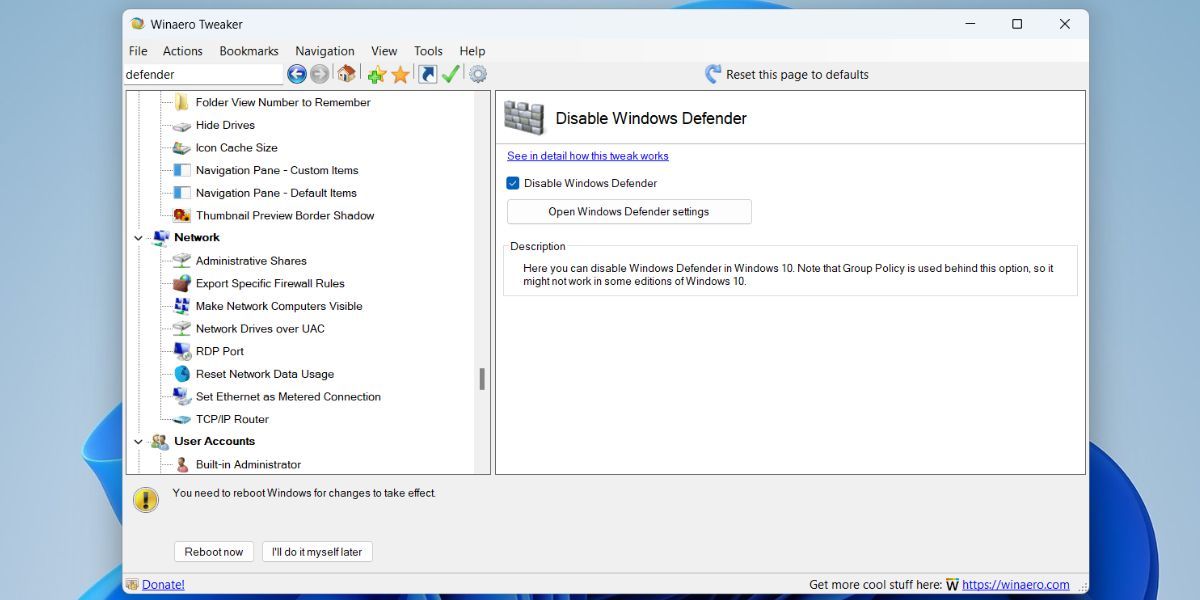 Windows Defender را با استفاده از Winaero Tweaker غیرفعال کنید