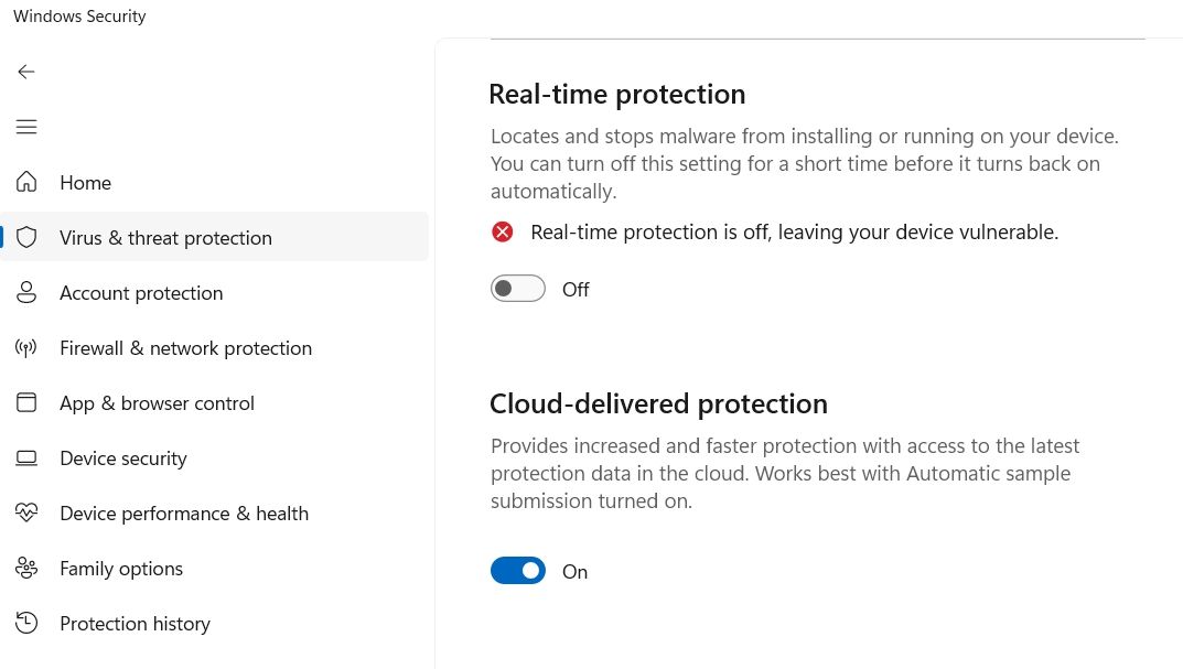Disabling Real time protection in Windows Security
