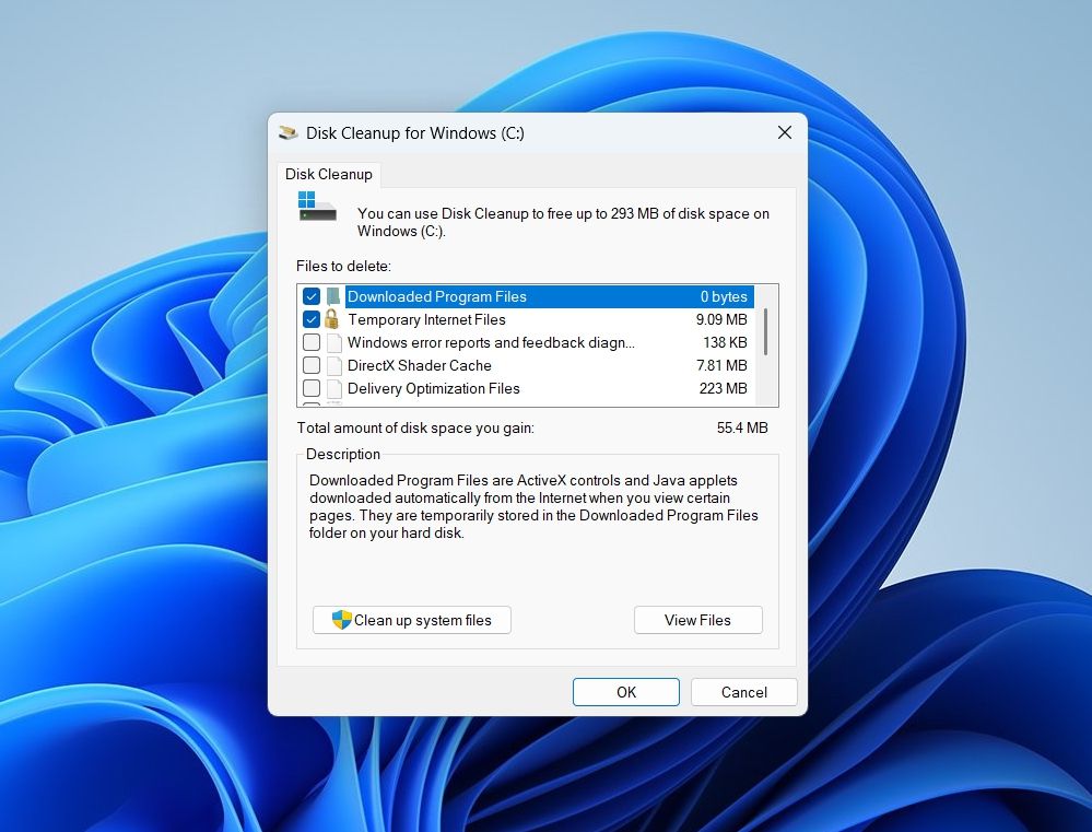 Selecting temporary files in Disk Cleanup window