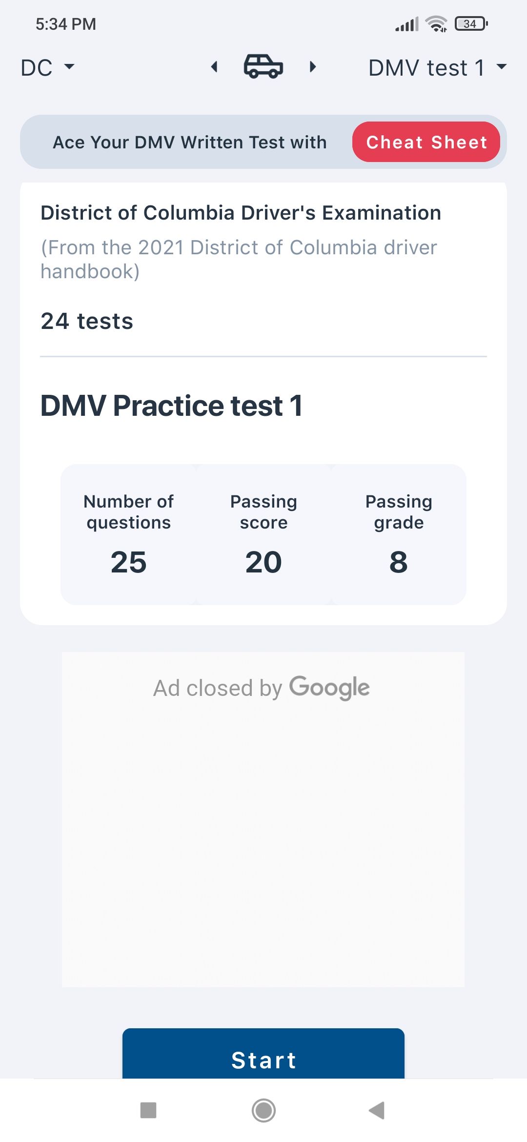 Page d'accueil de l'application DMV Practice Test