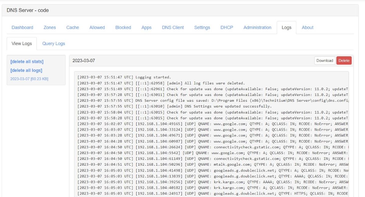 The page where you can see the dns logs