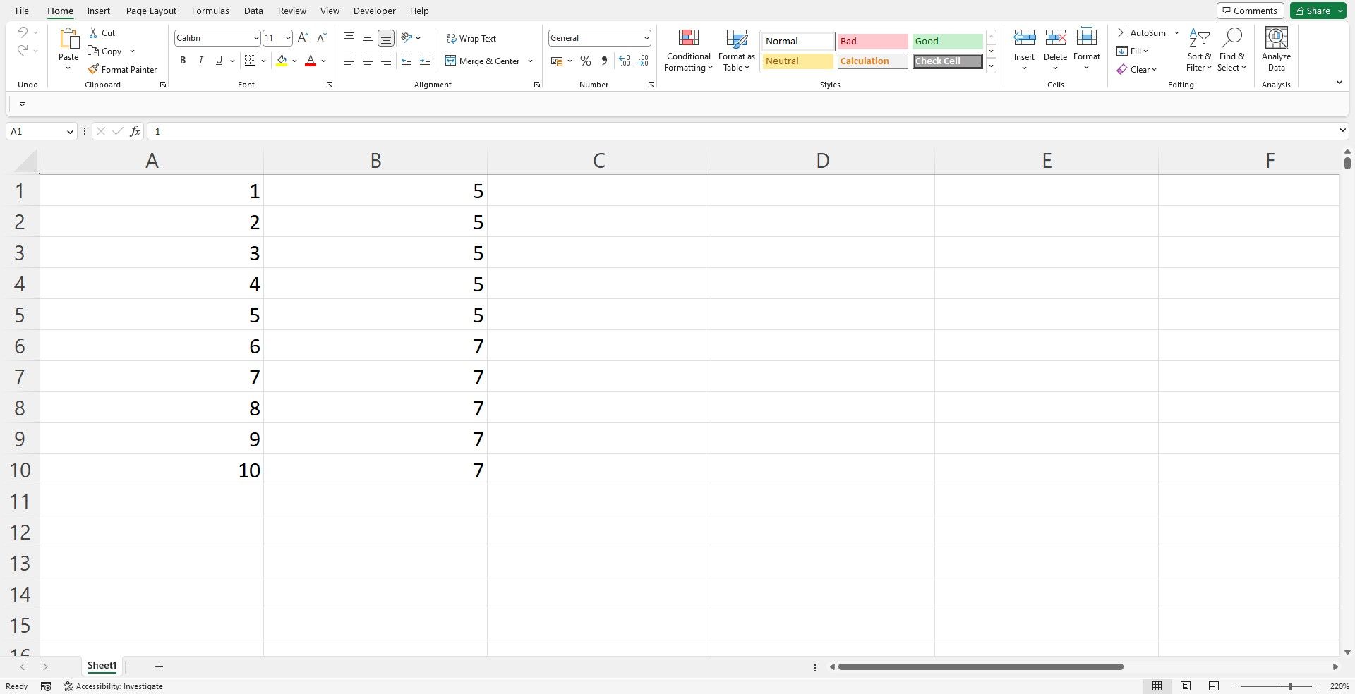 Antarmuka lembar Excel dengan dua baris data keluaran