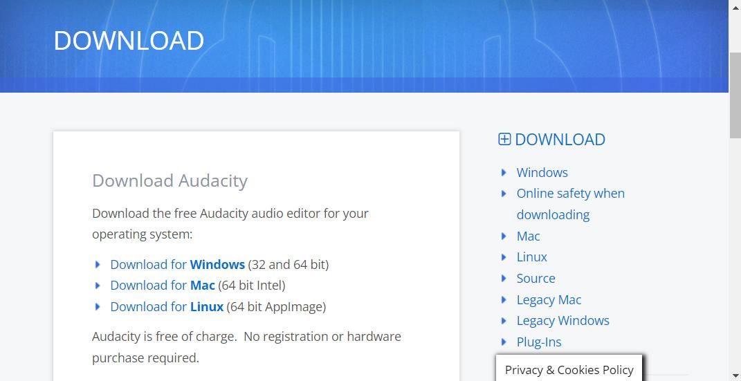 The download Audacity option 