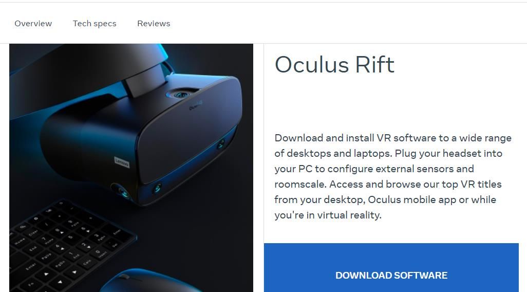 A opção Baixar software para o aplicativo Oculus 