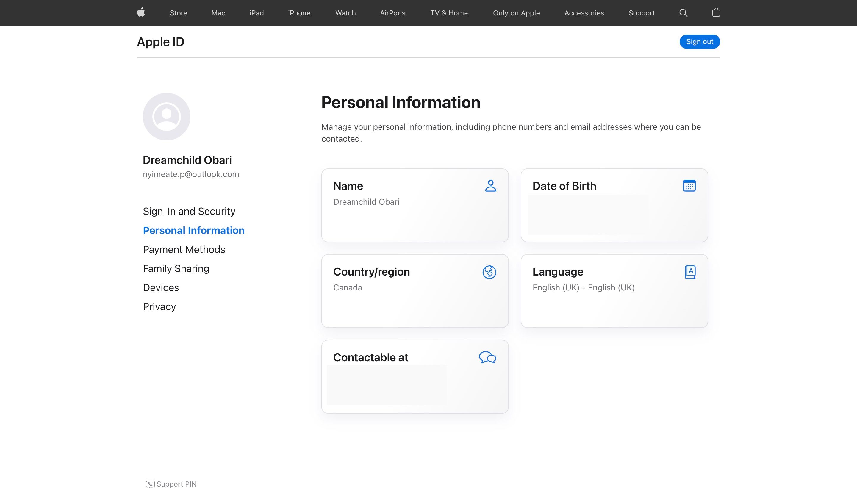 Dreamchild's Apple ID personal information page on the Apple ID website