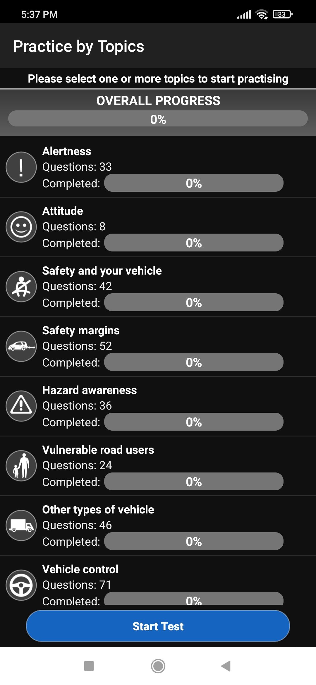 Sujets de l'examen pratique de l'application Driver's Ed