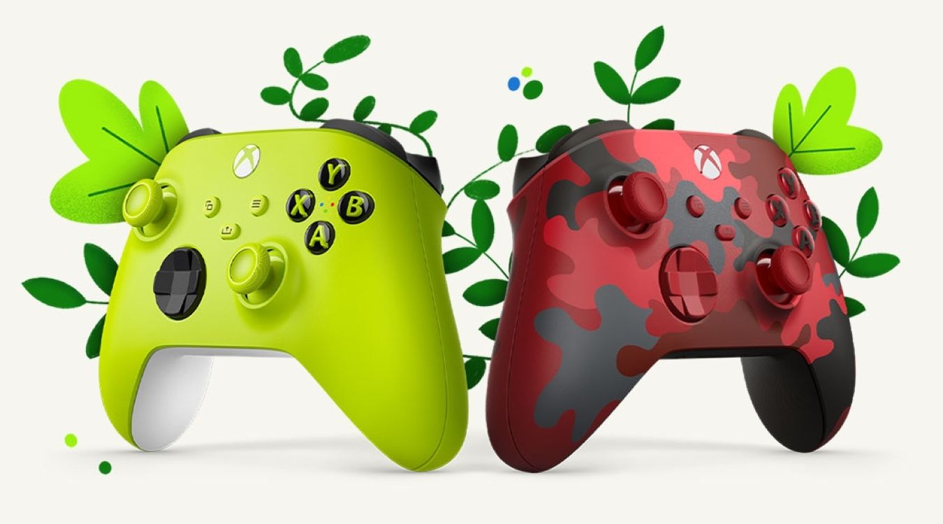 Screenshot of an eco-friendly image of the Xbox Daystrike Camo and Electric Volt wireless controllers.