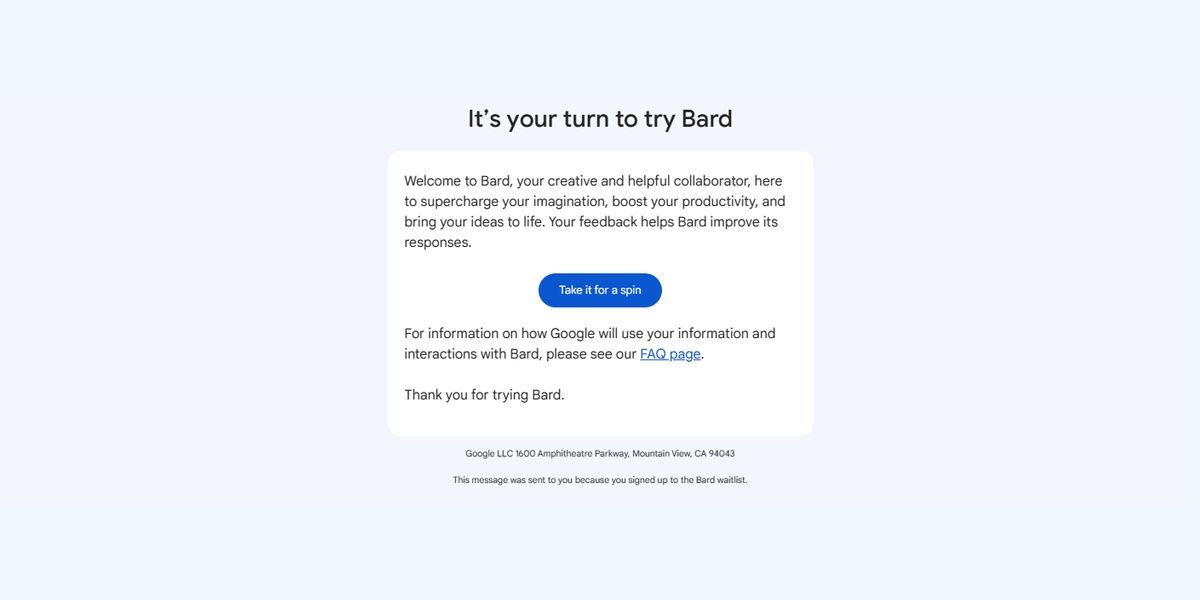 An email confirming enrollment into the Bard beta 