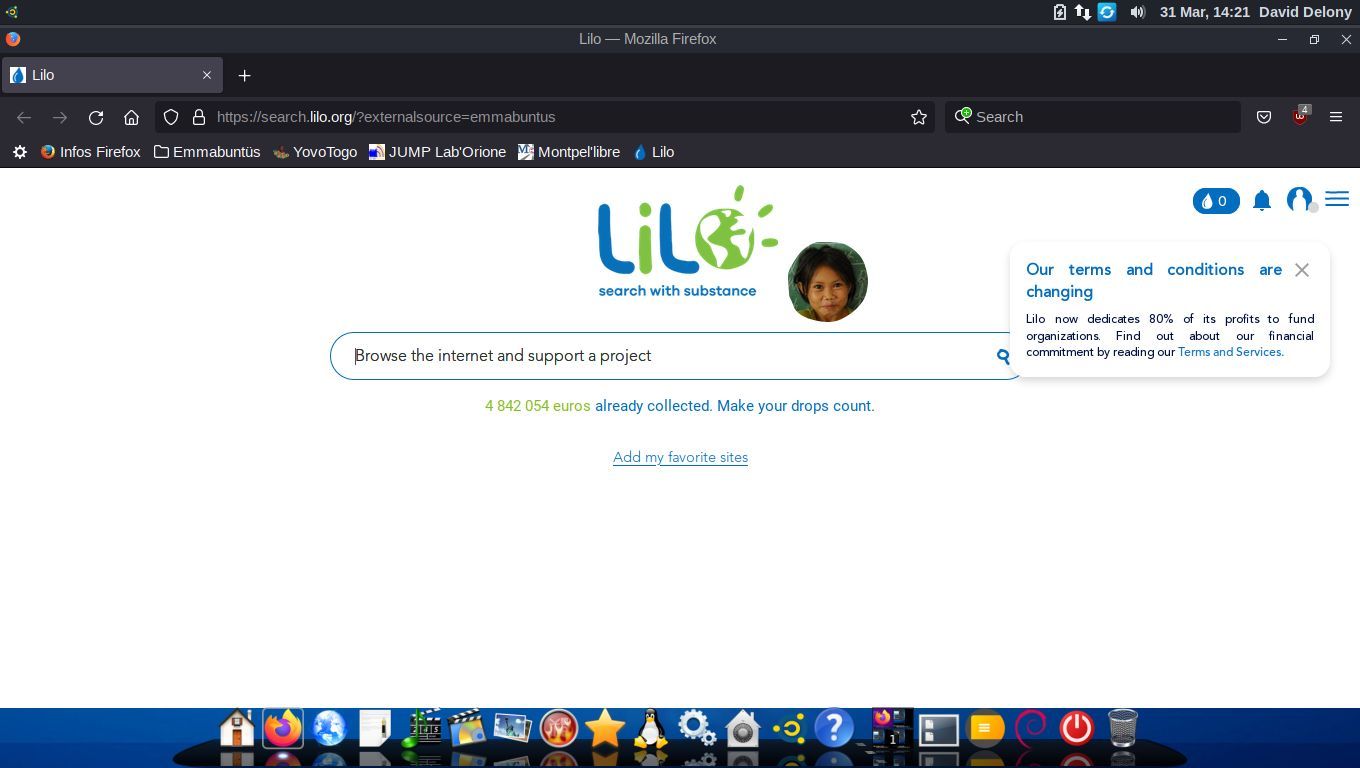 Emmabuntüs chạy Firefox hiển thị trang chủ Lilo