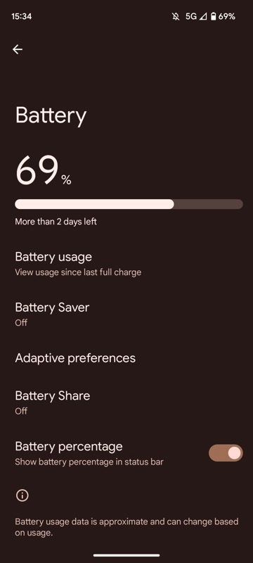 Google Pixel Battery settings 