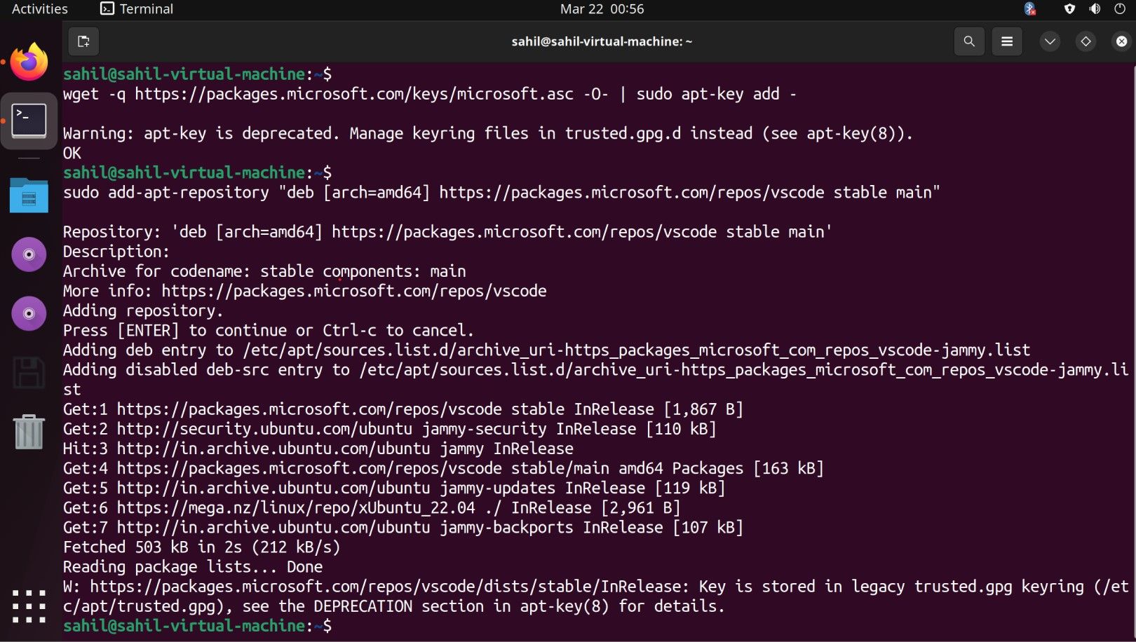 Ubuntu terminal window with code snippets to enable VSC repository