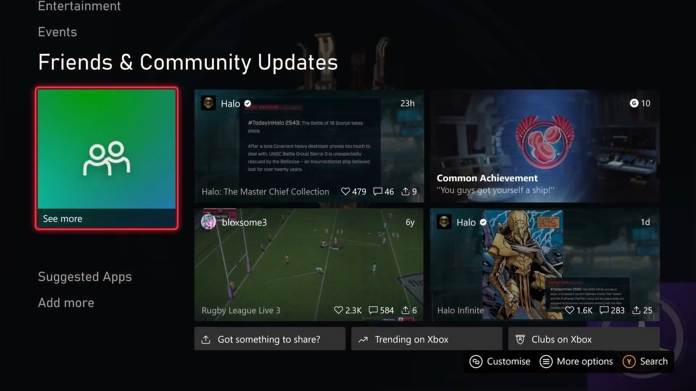 A screenshot of the Xbox Series X home screen layout highlighting the page for Friends and Community Updates