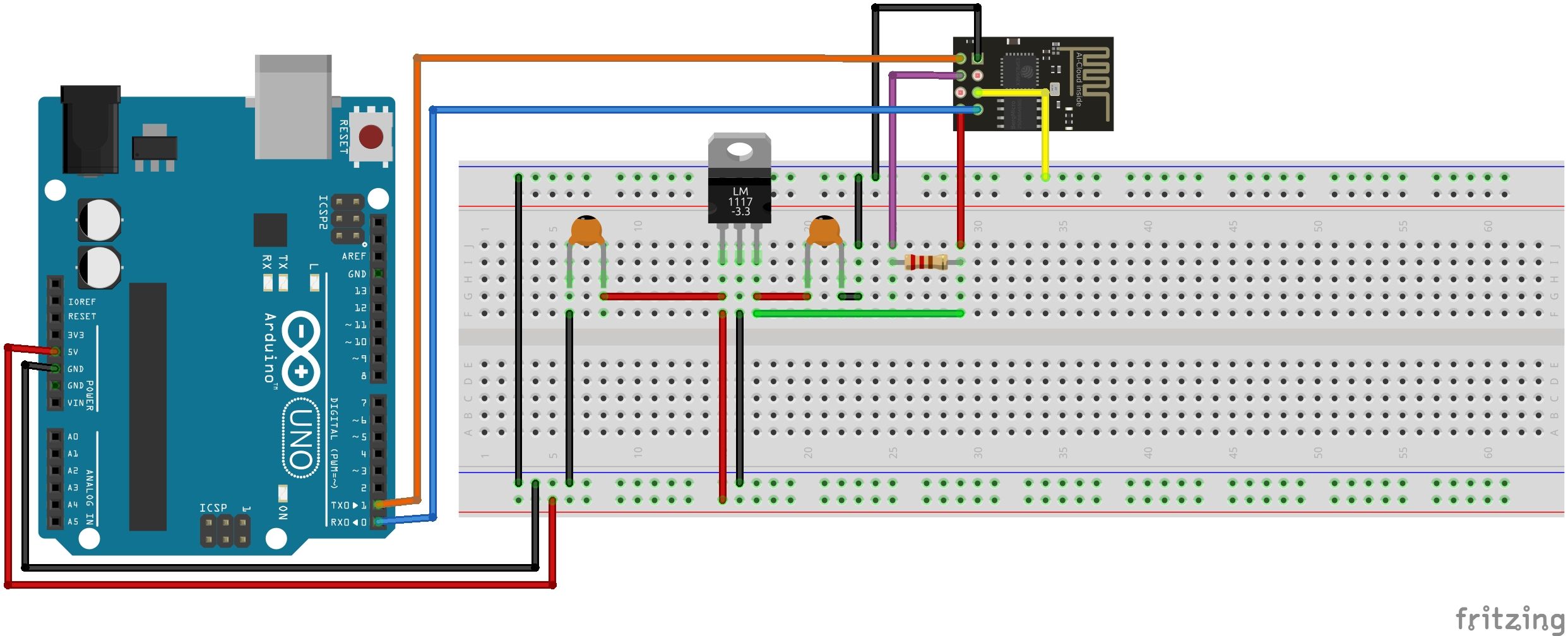 ESP8266-01 interfaced to an Arduino on a breadboard