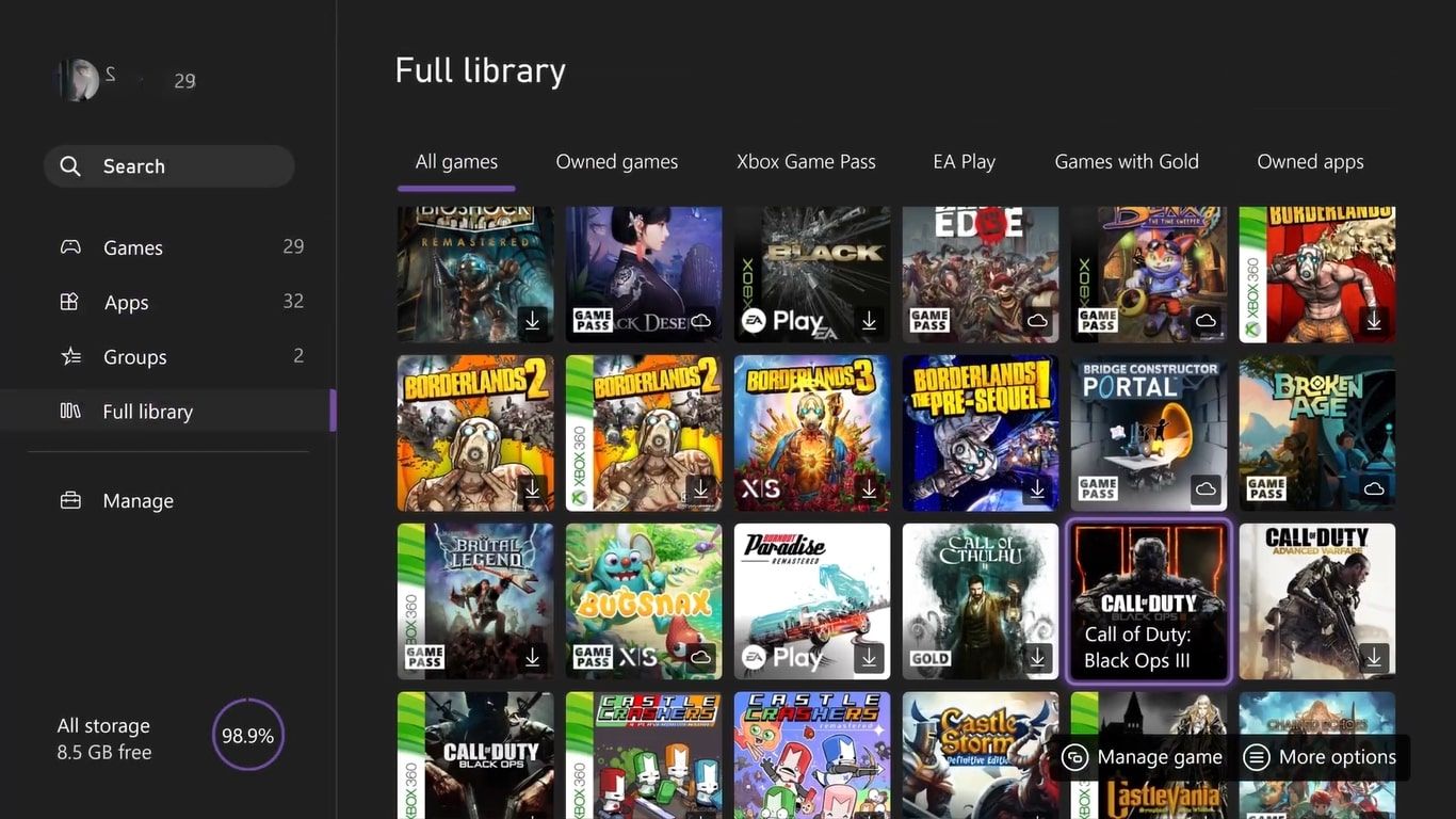 A screenshot of the Full Library section of the My Games and Apps page on an Xbox Series X