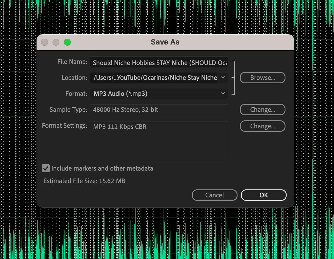 Example settings for saving marked audio in Adobe Audition as an MP3 file
