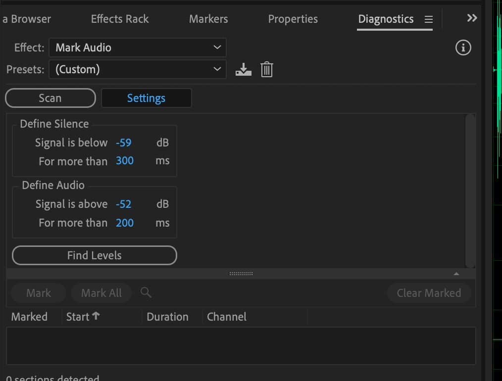 Example sound and silence settings in Adobe Audition