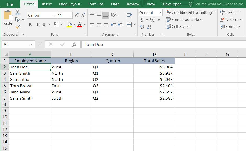 Ví dụ về trang tính Excel