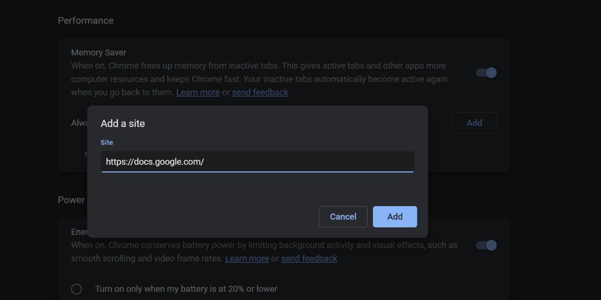 Adding a Site to the excluded list of Memory Saver feature in Chrome Browser