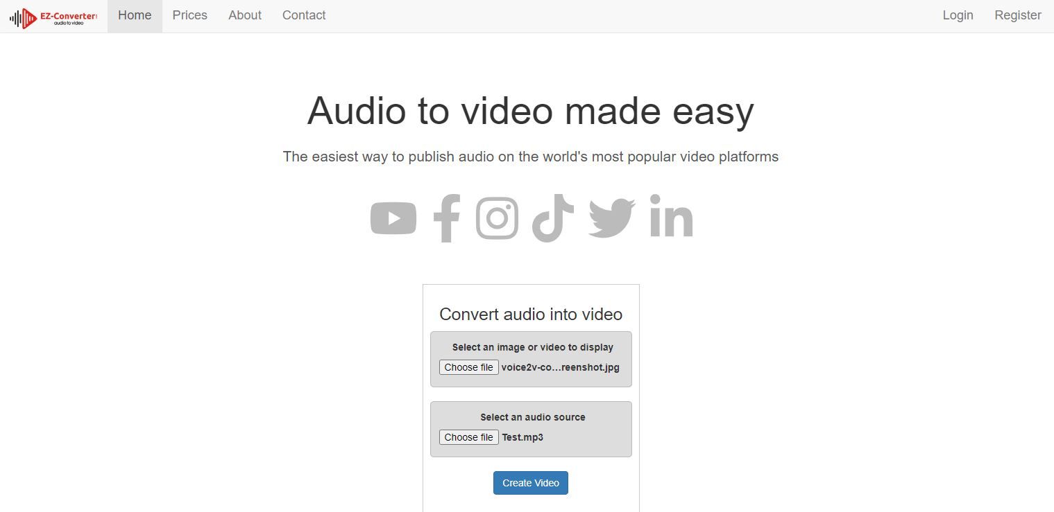 A Screenshot of the EZ Converter Audio to Video Converter Landing Page