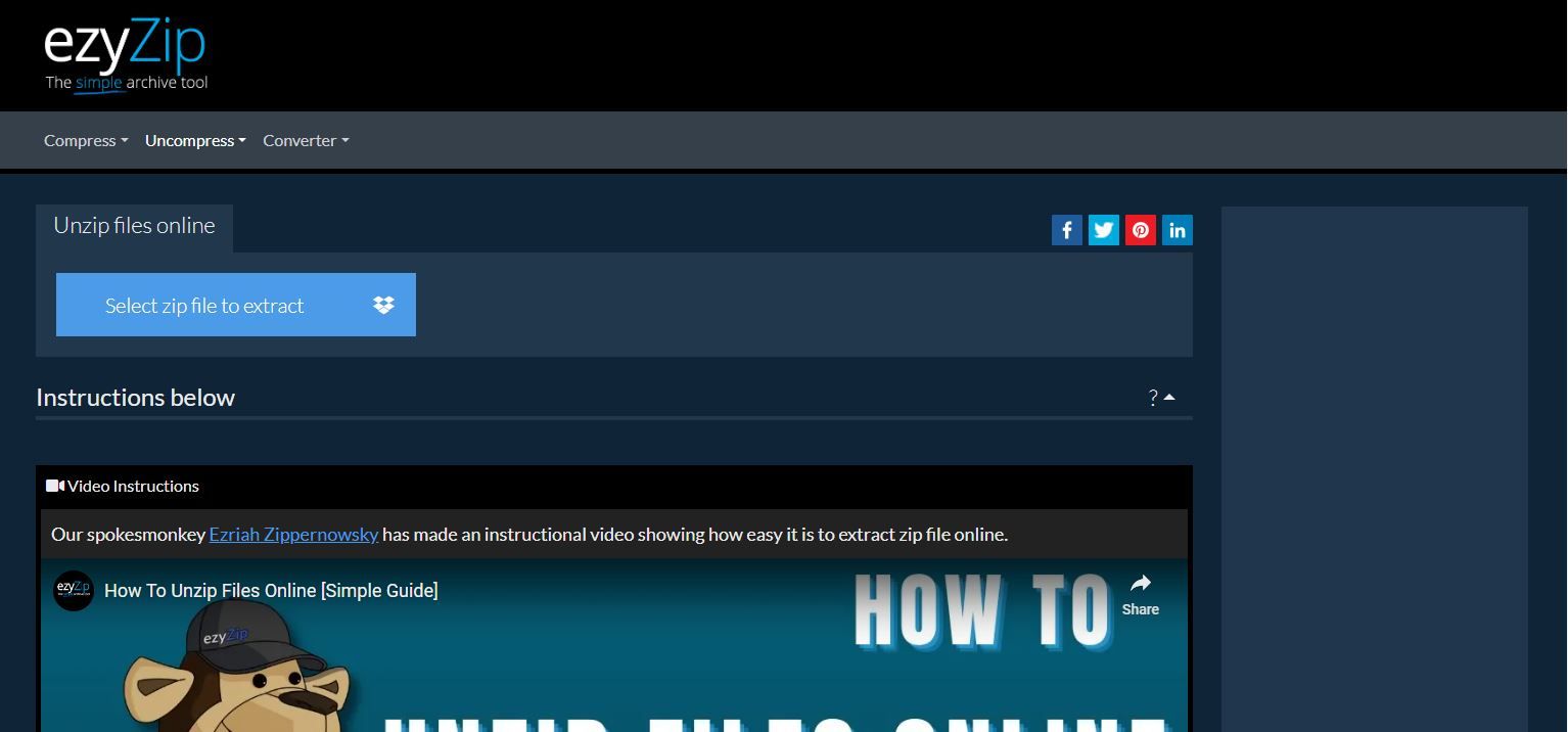 A Screenshot of the ezyZip ZIP Unzipper Landing Page