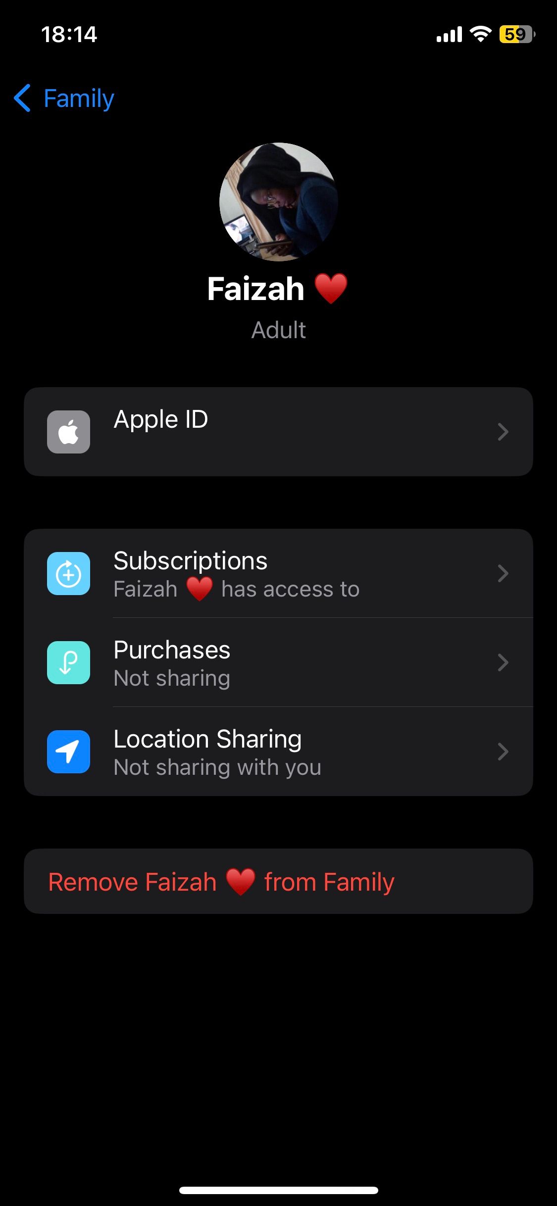 Faizah's Family menu displaying option to Remove Faizah from Family