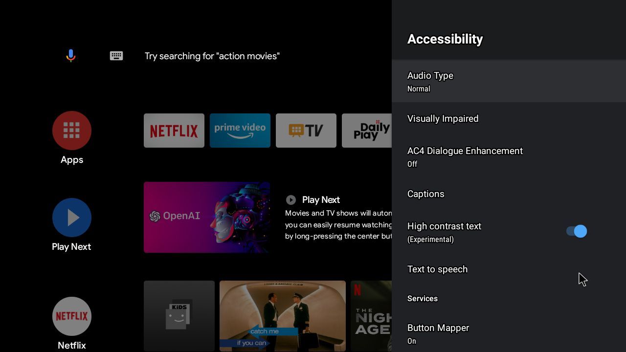 Accessibility options in Android TV