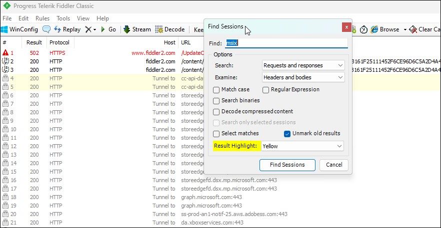 fiddler find session