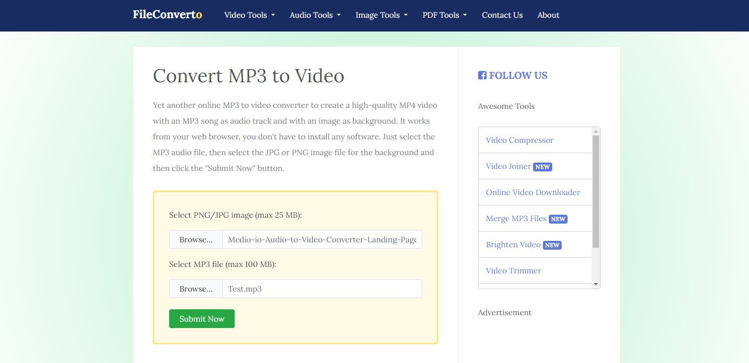 A Screenshot of the FileConverto Audio to Video Converter Landing Page