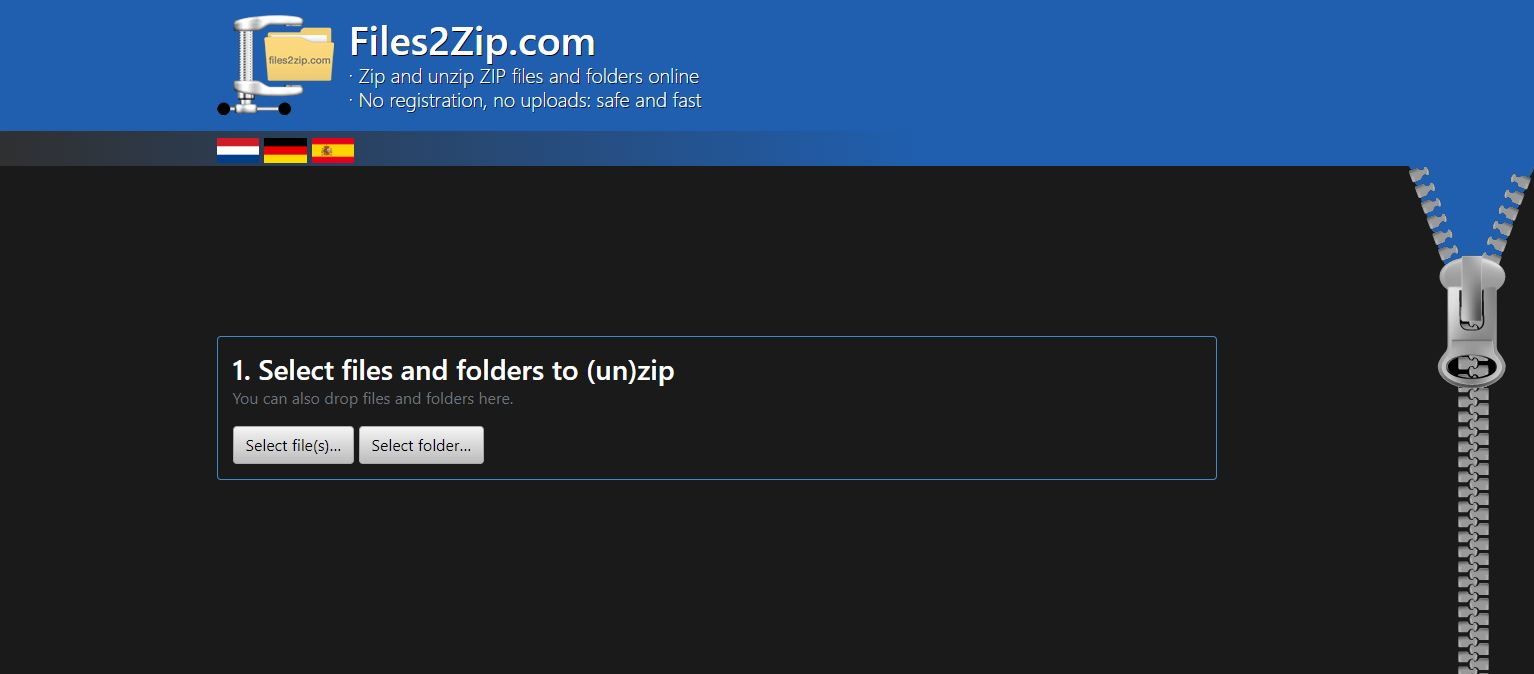 A Screenshot of the Files2Zip com ZIP Unzipper Landing Page