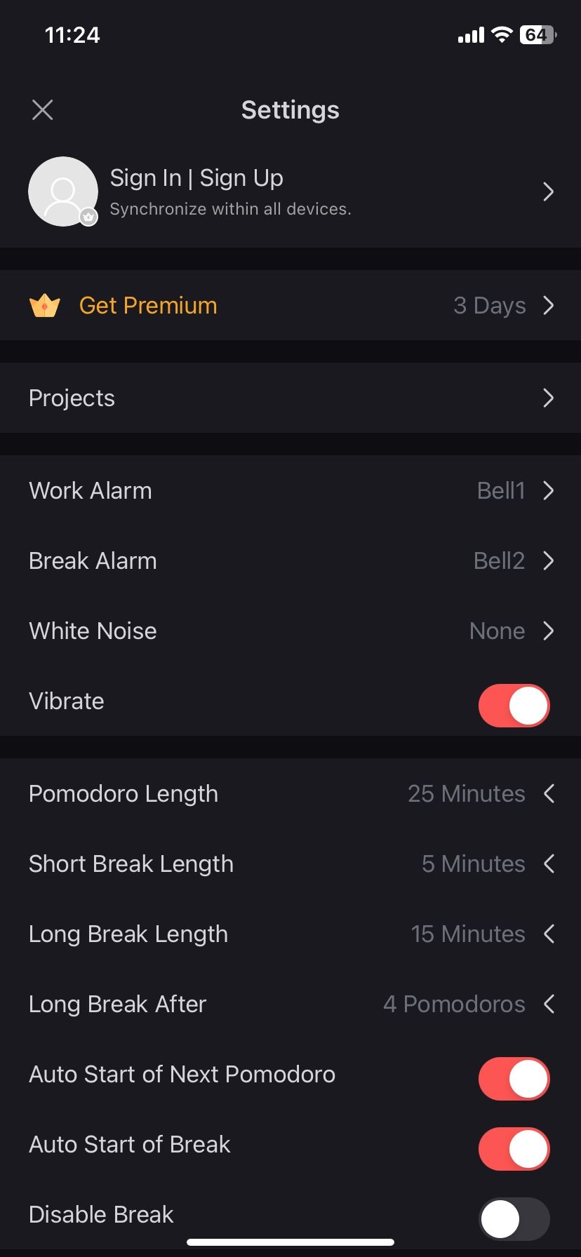 Focus To-Do app settings page