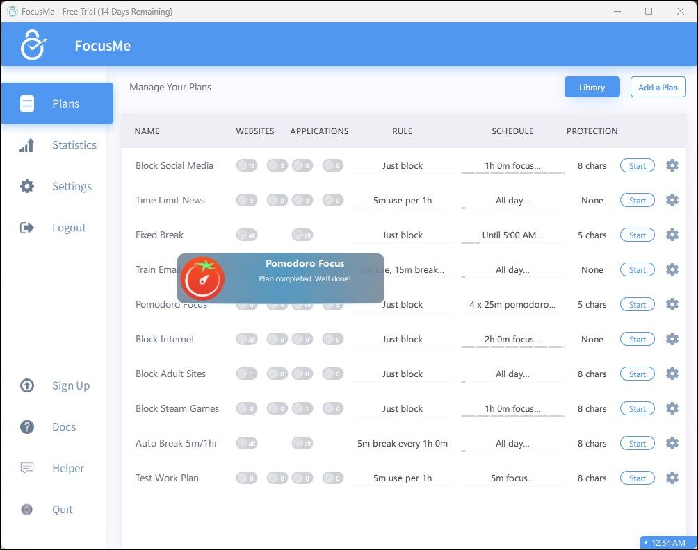 پنجره های مسدود کننده محتوای FocusMe pomodoro