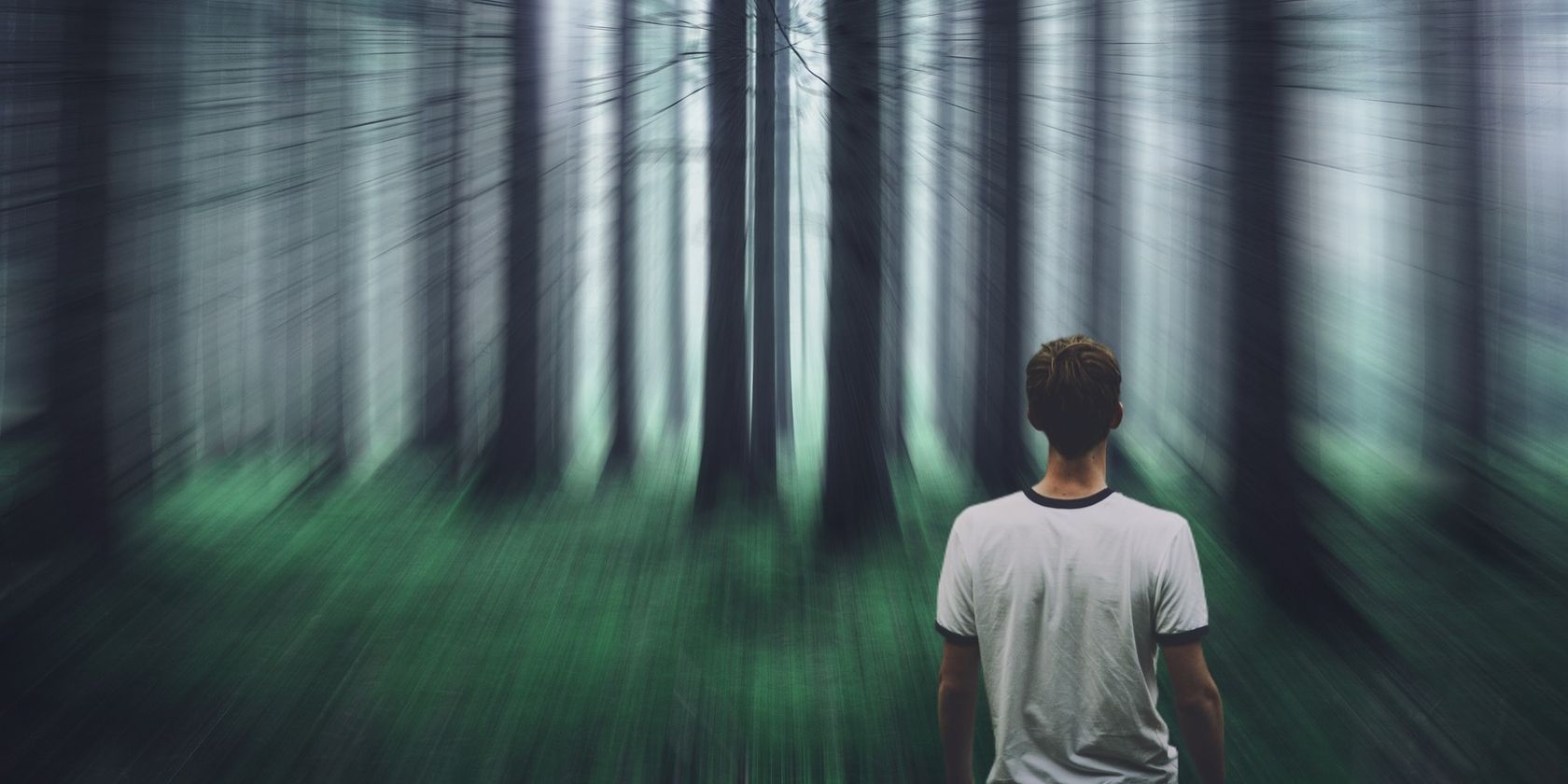 A person facing a forest, with blurry effect
