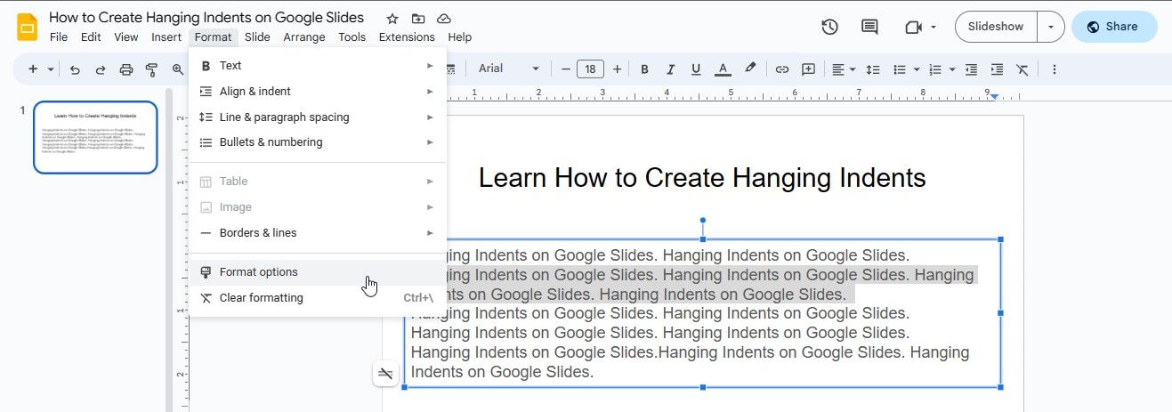 Various Options Under the Format Tab in Google Slides