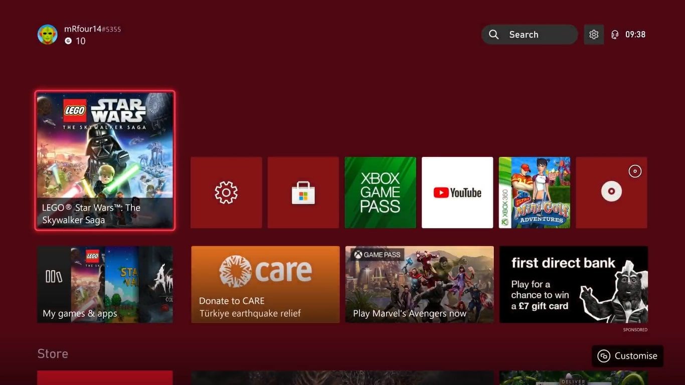 A screenshot of the home screen for Xbox Series X with the game art hidden 