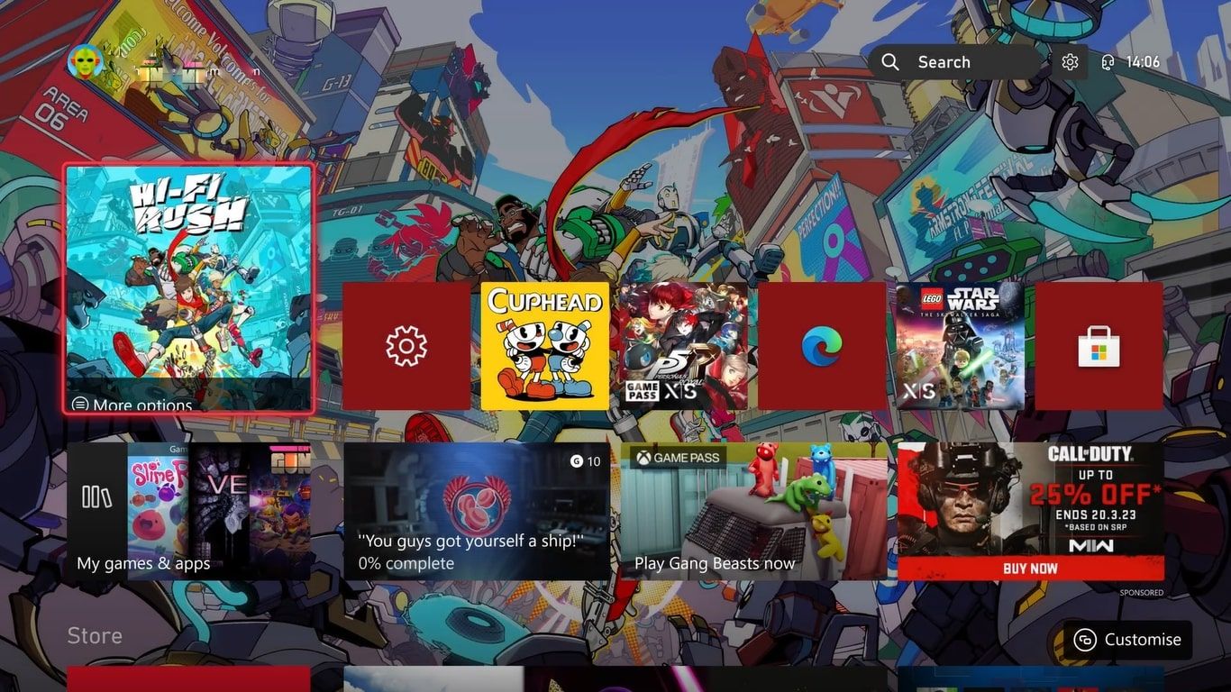 A screenshot of the home screen for an Xbox Series X with game art enabled