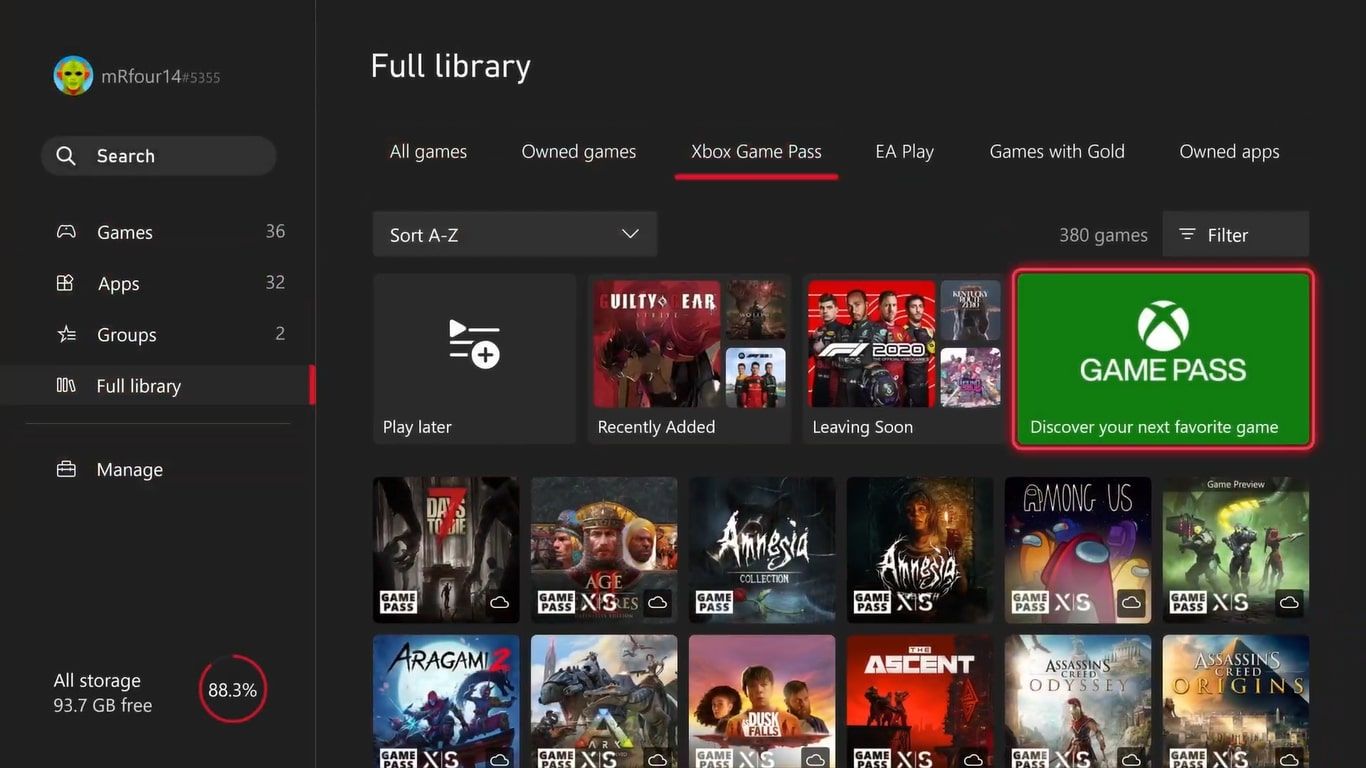 A screenshot of the My Games and Apps section of an Xbox Series X with the dedicated Xbox Game Pass section highlighted