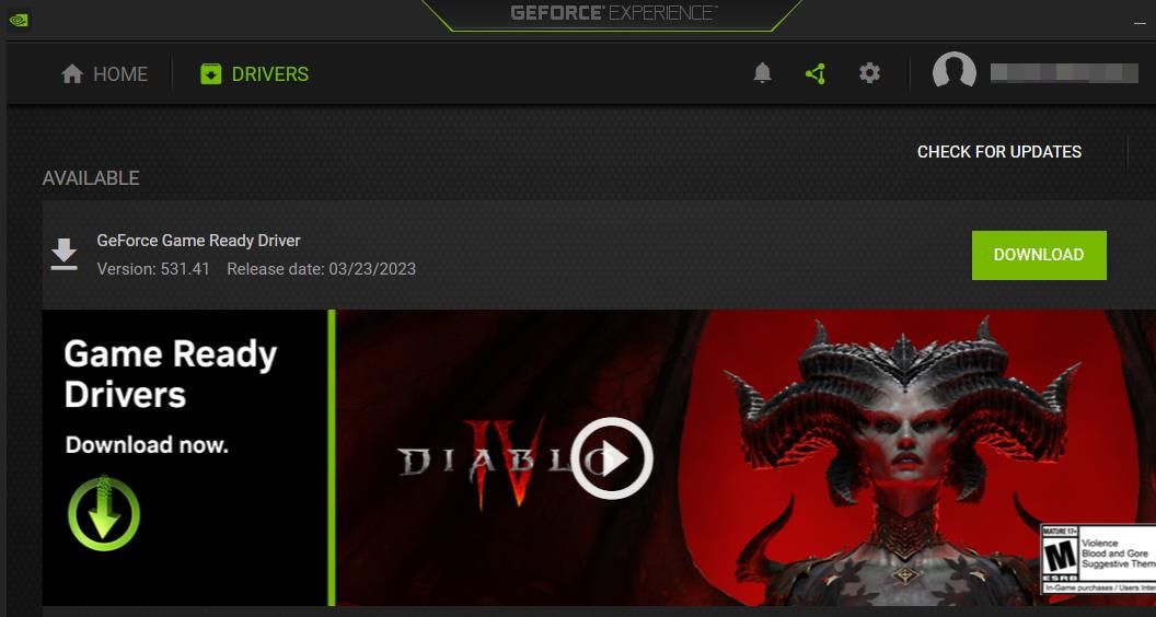 A driver update option in GeForce Experience