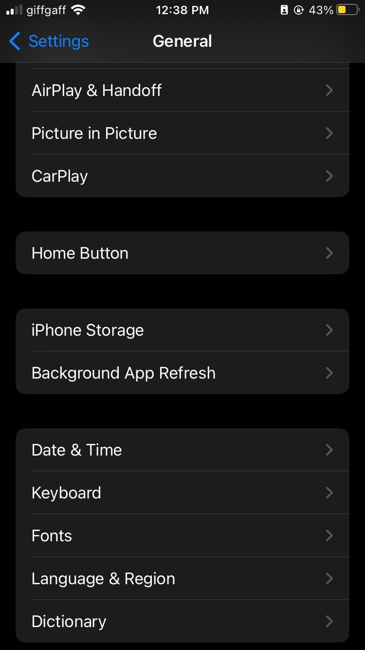 General Settings on an iPhone