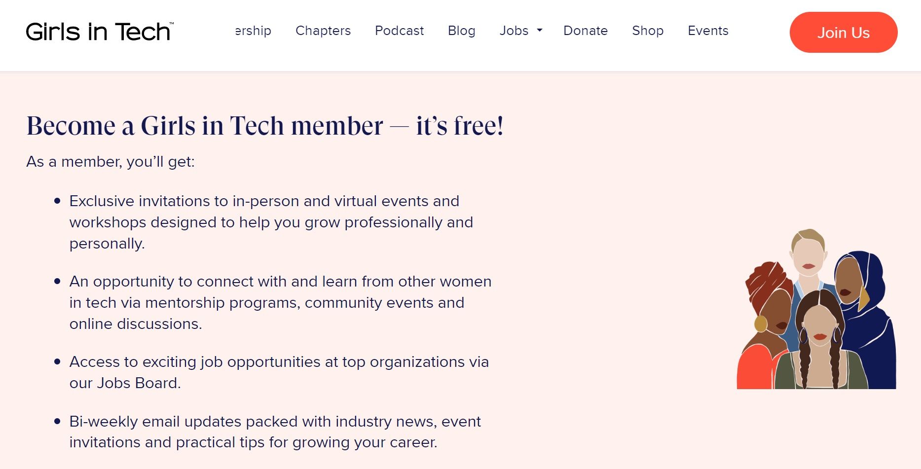 Girls in Tech página de informações no site