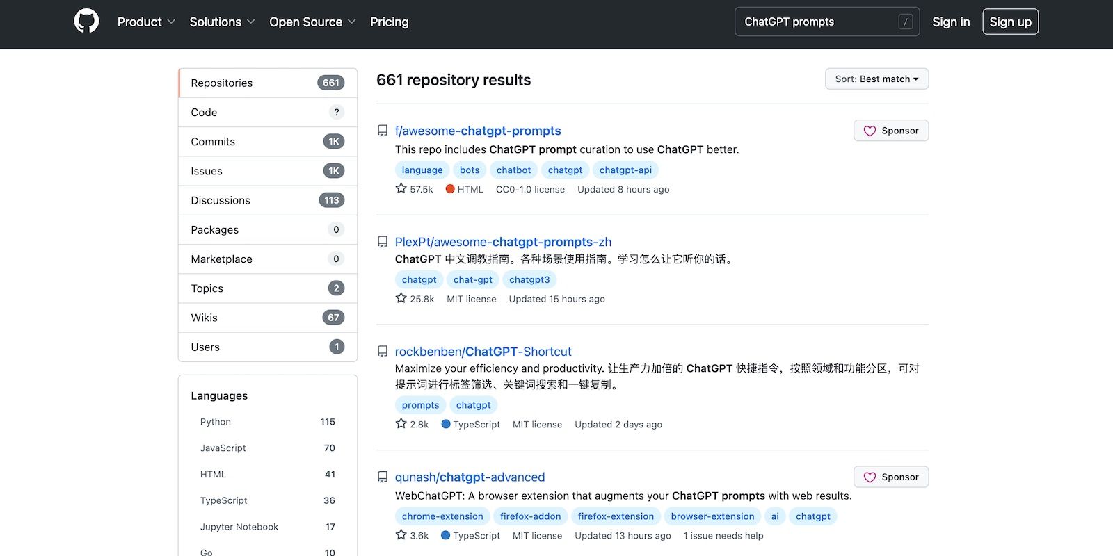 Different GitHub Repositories of ChatGPT Prompts