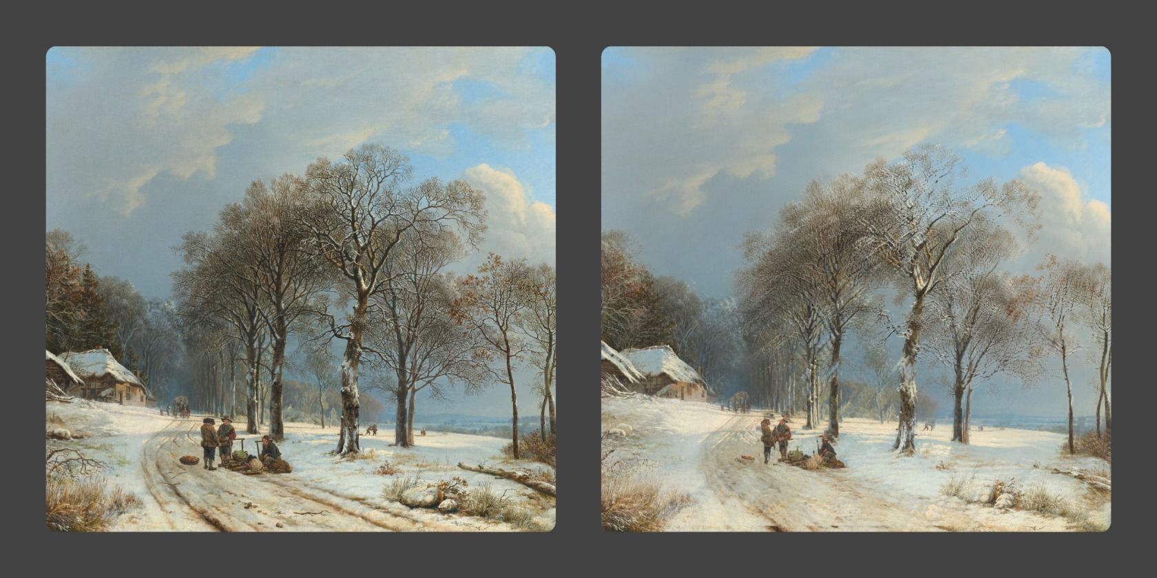 Artwork of snowy, winter landscape in rural countryside 