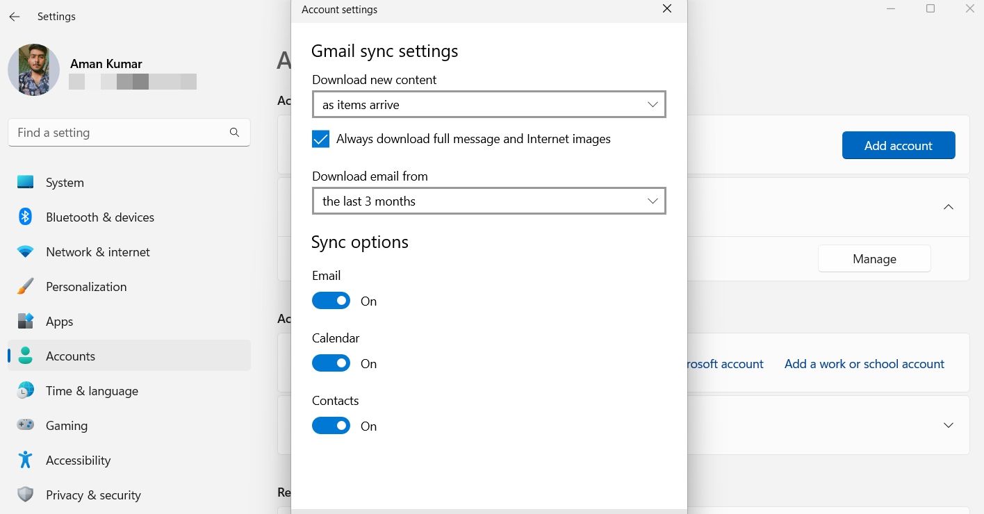 Configurações de sincronização do Gmail no aplicativo Configurações
