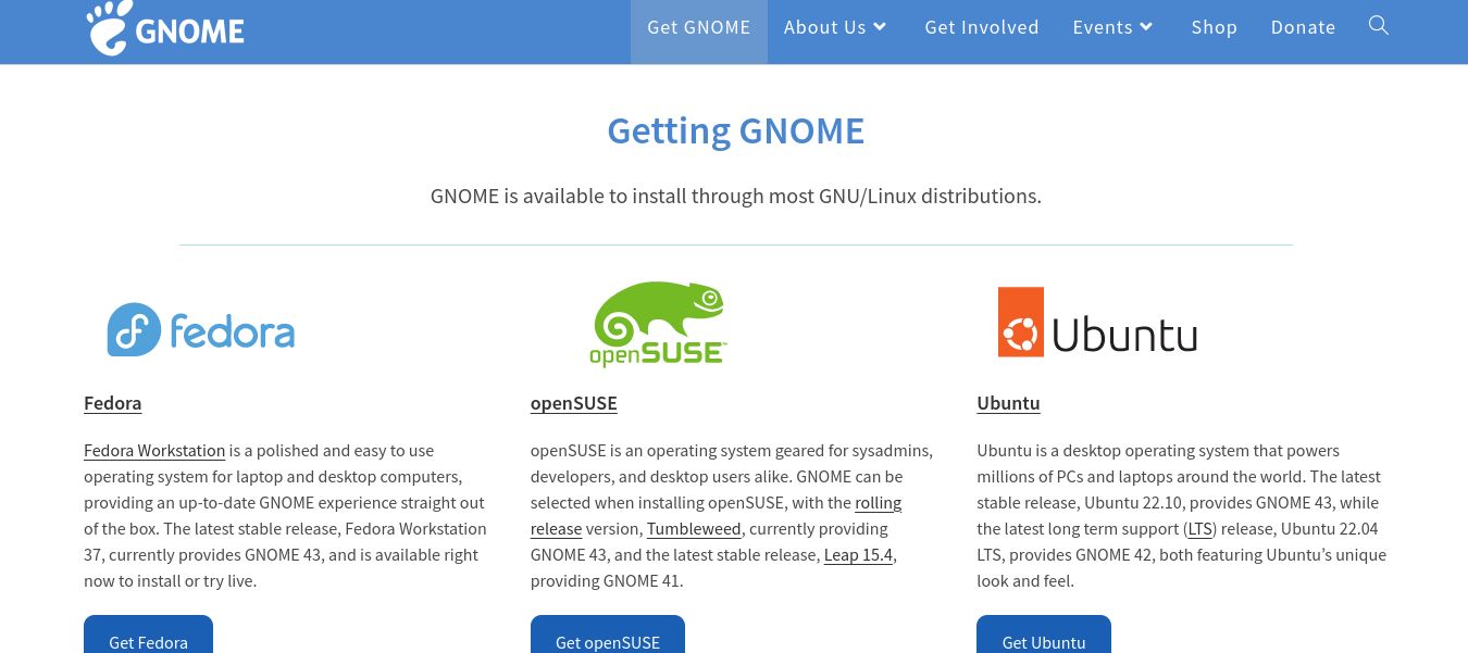GNOME distro list on the project homepage