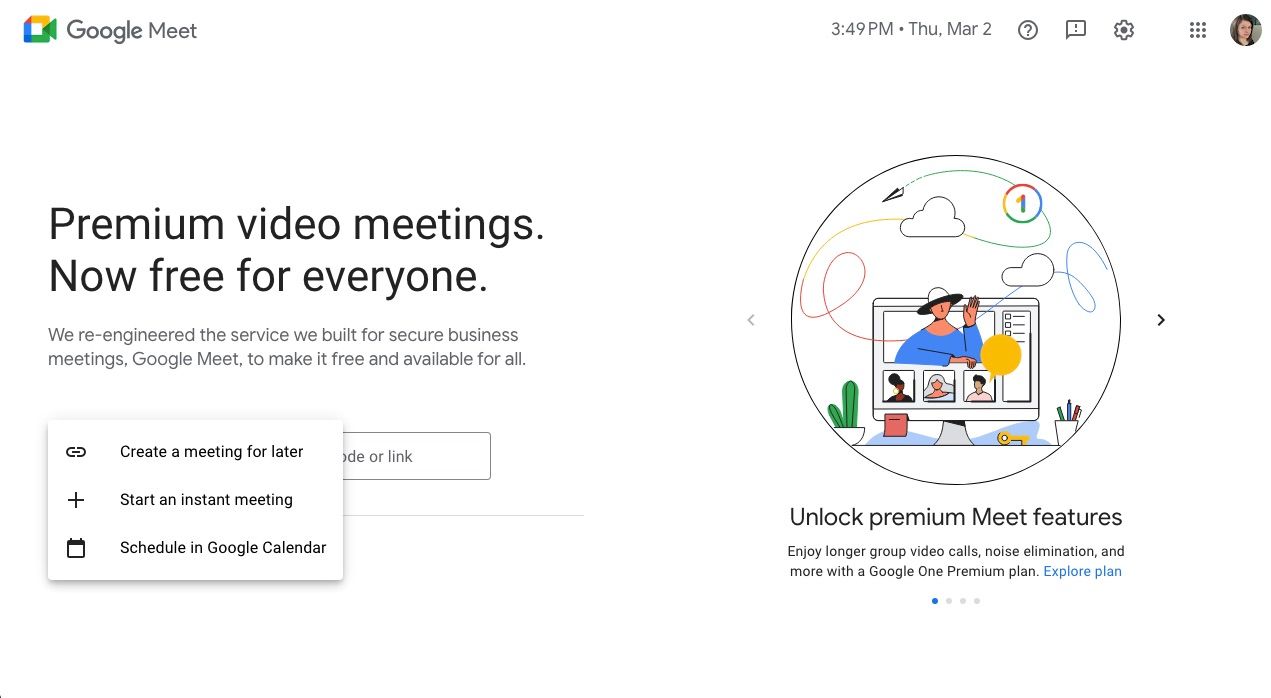 Video call homepage with new meeting options