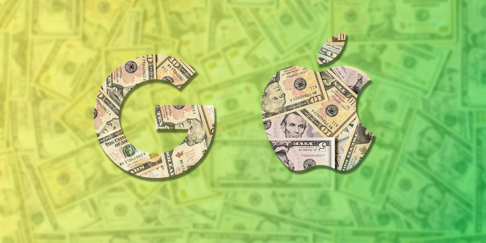 Google and Apple logos stylized with Dollar Bills