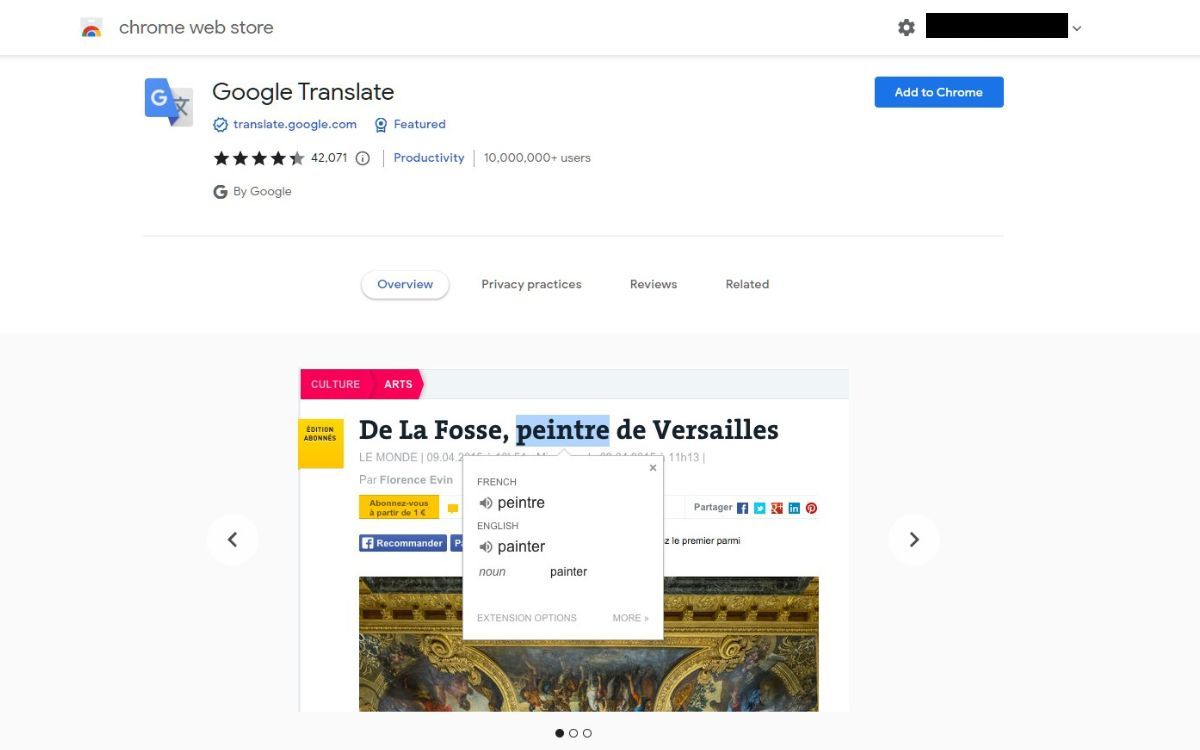 A screenshot of the Google Translate extension in the Chrome Web Store