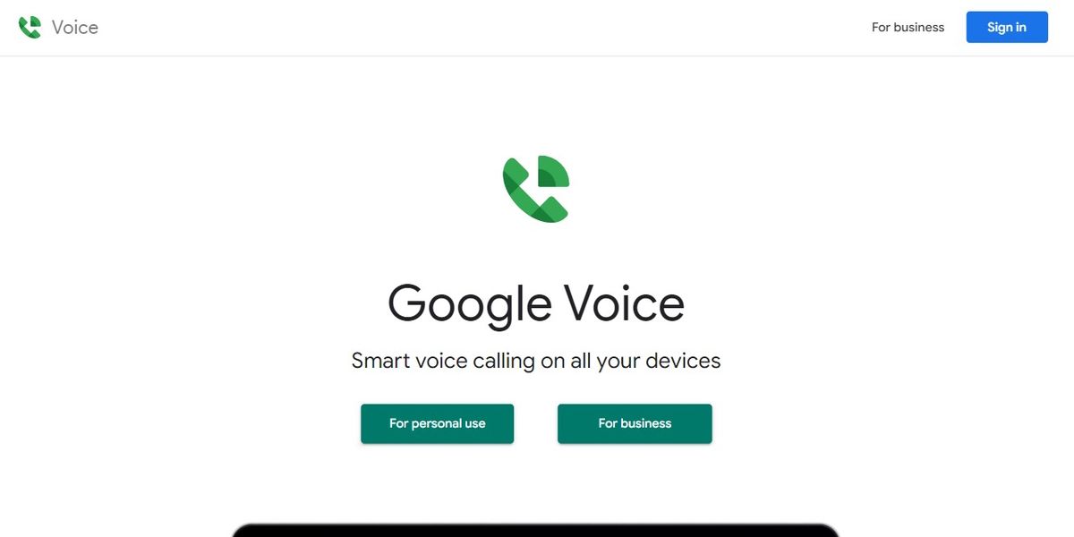 The main landing page with info for Google Voice. It has buttons to sign up for personal or business use.