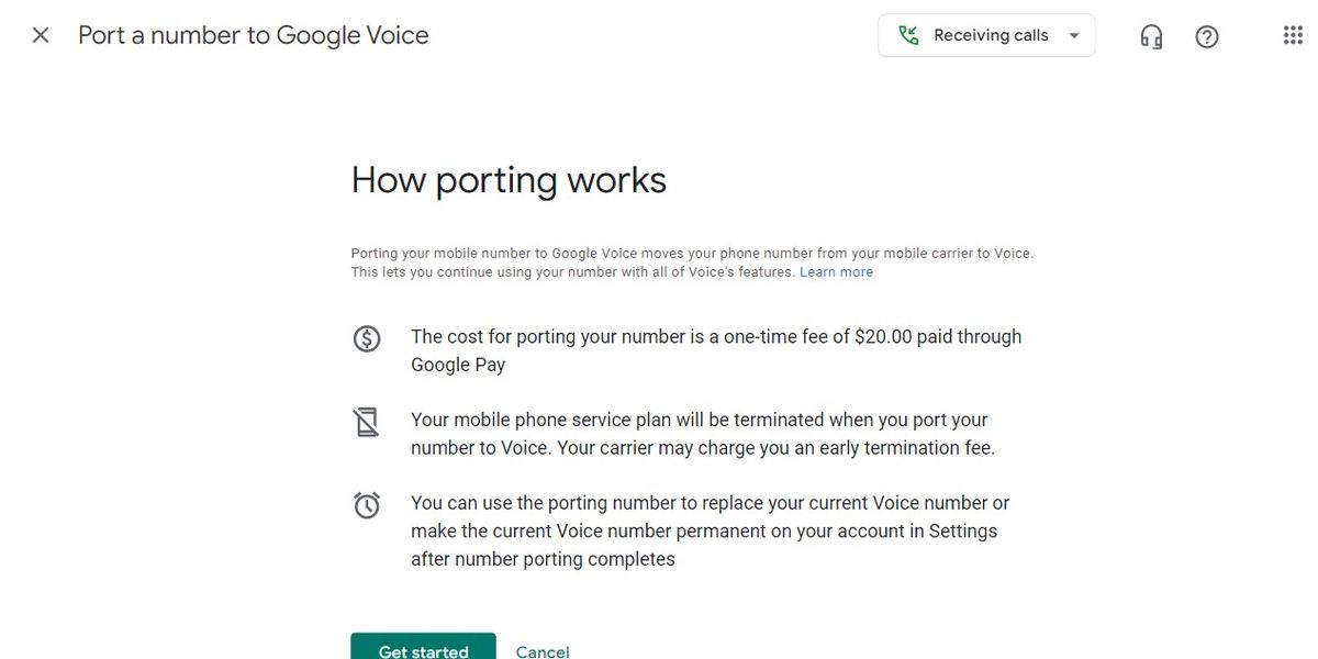 The start screen for Google Voice’s phone number porting process.