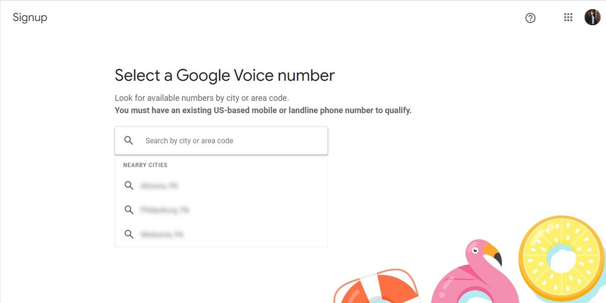 A page of the Google Voice signup process prompting the user to select a Google Voice number. A search box in the center of the page allows the user to search by city or zipcode.