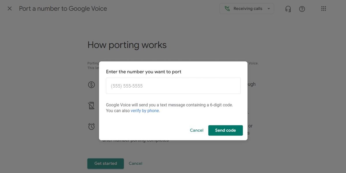 A form in Google Voice prompting the user to enter the phone number that they would like to port to the service.